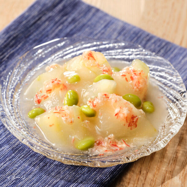 「冬瓜と枝豆の鶏そぼろ餡かけ（かにかま入り）」