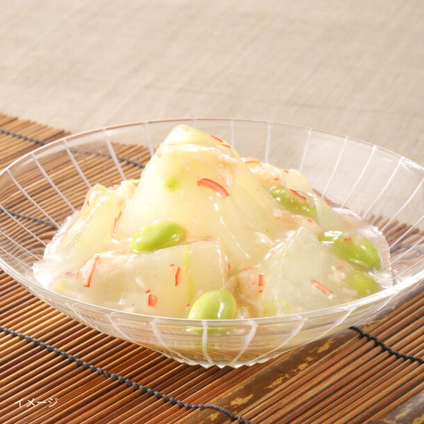 「冬瓜と枝豆の鶏そぼろ餡かけ（かにかま入り）」